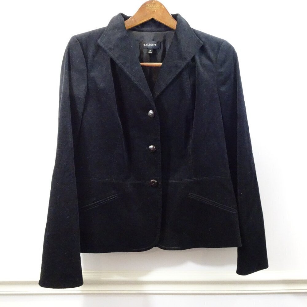 Talbots Blazer Black Velvet Three Button Lined Jacket Size 10 Cotton